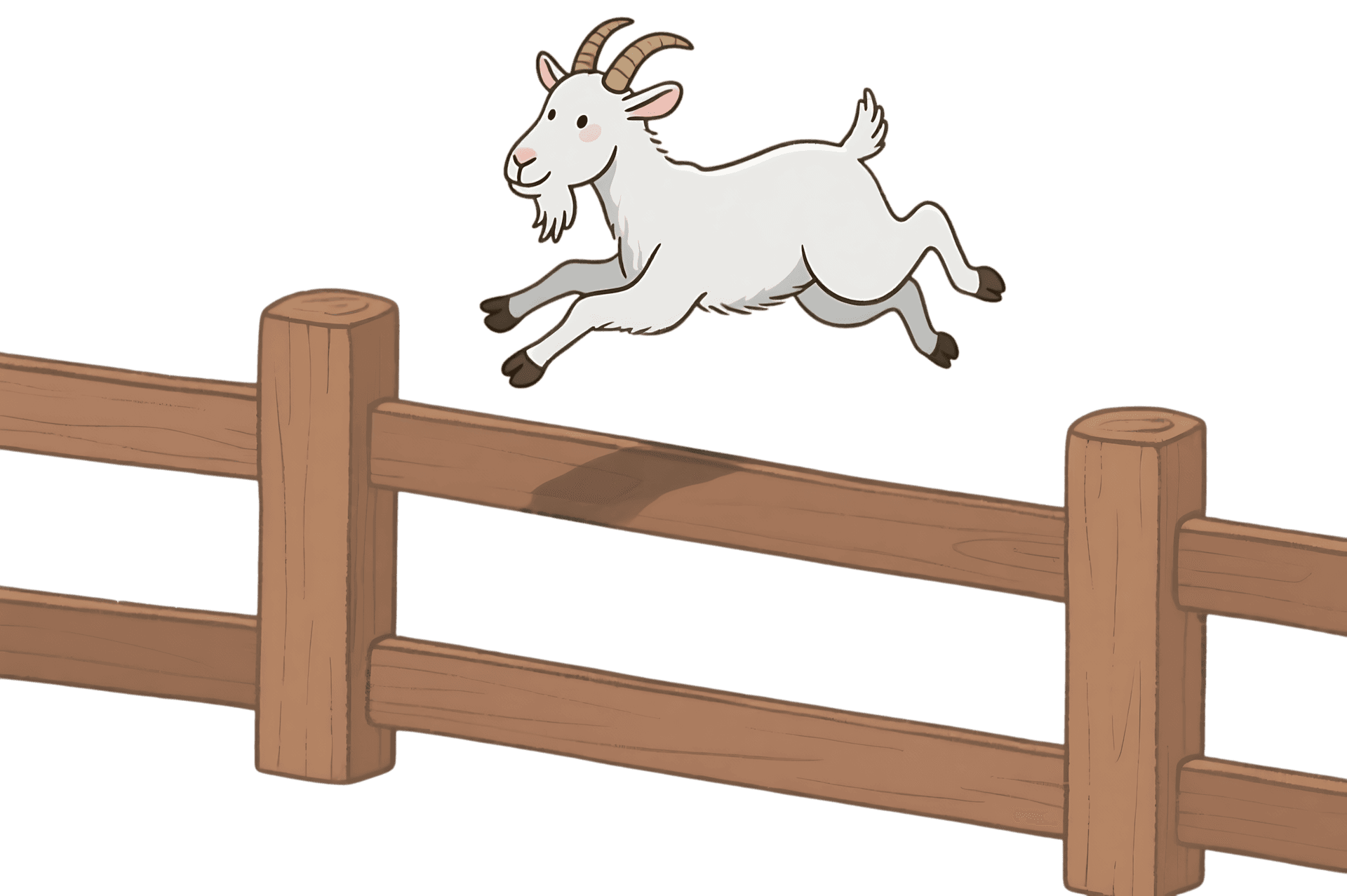 Cartoon goat jumping over a wooden fence illustration