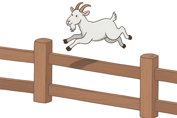 Cartoon goat jumping over a wooden fence illustration