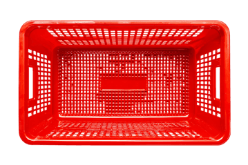 Overhead view of an empty red plastic shopping basket.