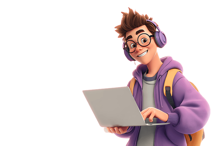 Cartoon student with laptop and headphones
