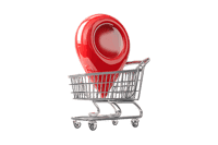 Red map pointer in shopping cart.  Online store location, delivery concept.