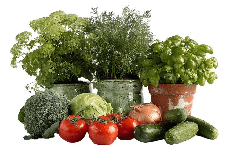 Fresh vegetables and herbs in rustic pots