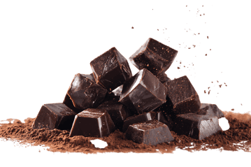 A pile of dark chocolate cubes on cocoa powder.
