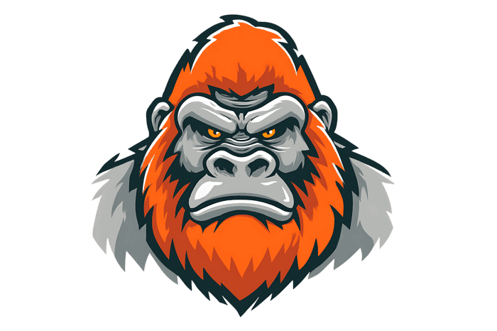 Angry orange gorilla head illustration, fierce expression, cartoon style for sports team or brand mascot