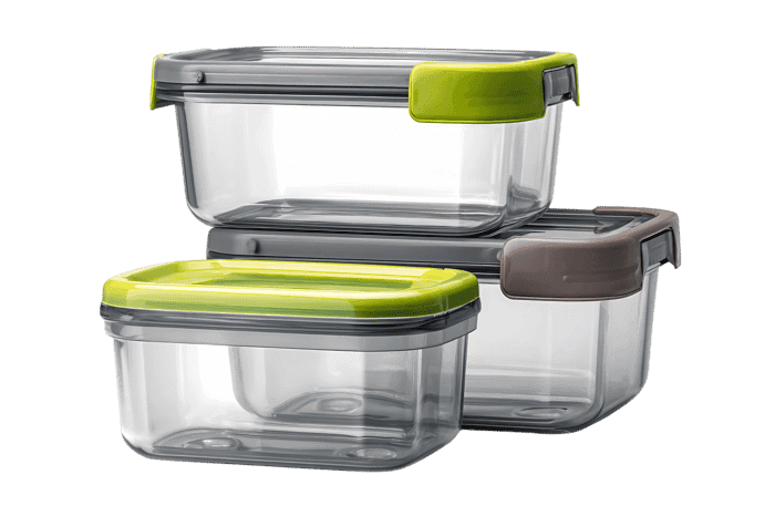 Stack of three clear plastic food containers with lime green and grey lids.