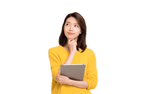 Young woman in yellow sweater holding tablet, deep in thought.