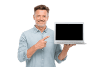 Smiling man presenting a laptop with blank screen.