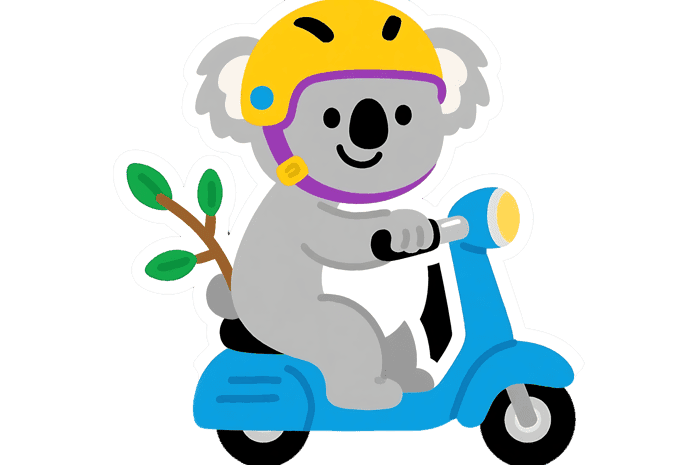 Koala on scooter with helmet and branch