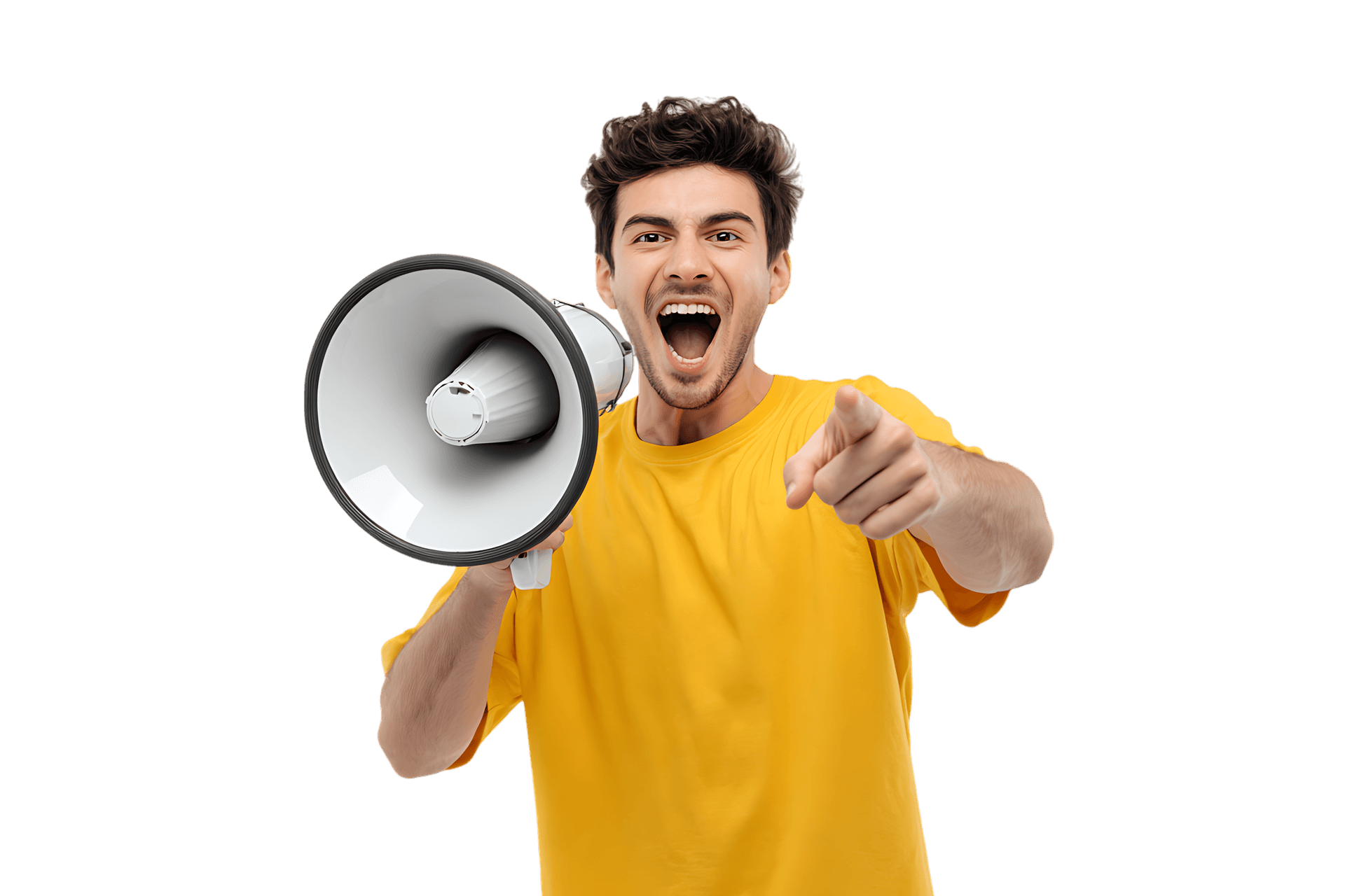 Young man shouting into megaphone, pointing finger.