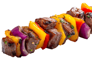 Delicious grilled beef skewers with bell peppers and onions.