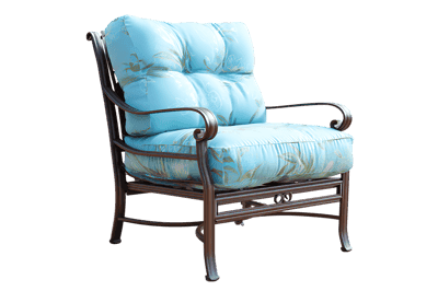 Comfortable patio chair with teal cushions
