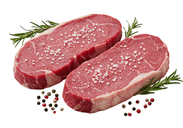 Two raw steaks seasoned with salt and pepper.