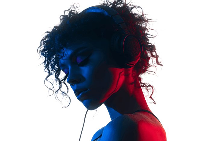 Woman with headphones, red and blue light