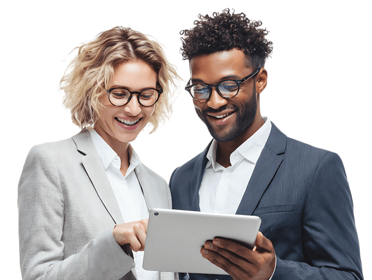 Smiling diverse colleagues using tablet, discussing project, teamwork