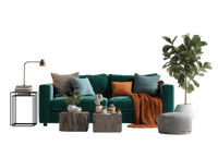 Stylish green velvet sofa in contemporary living room. Cozy home decor