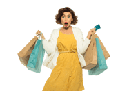Surprised woman with shopping bags and credit card