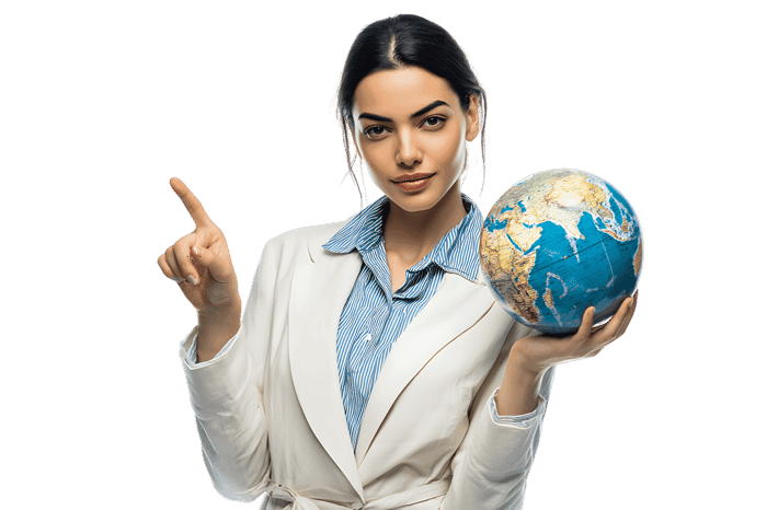 Confident businesswoman holding a globe, pointing an idea.