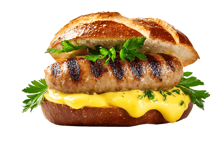 Delicious grilled sausage sandwich with melted cheese and pretzel bun.