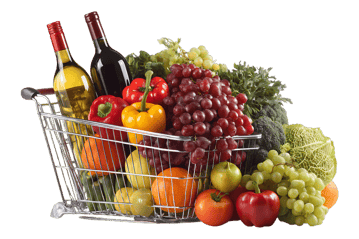 Shopping cart full of fresh fruits, vegetables, and wine.