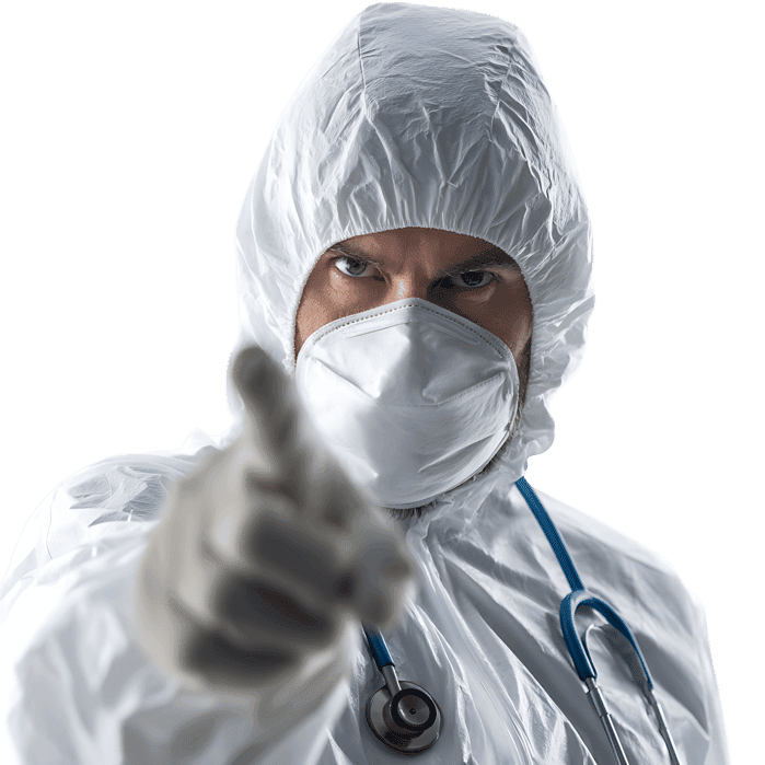 Doctor in protective suit points at you