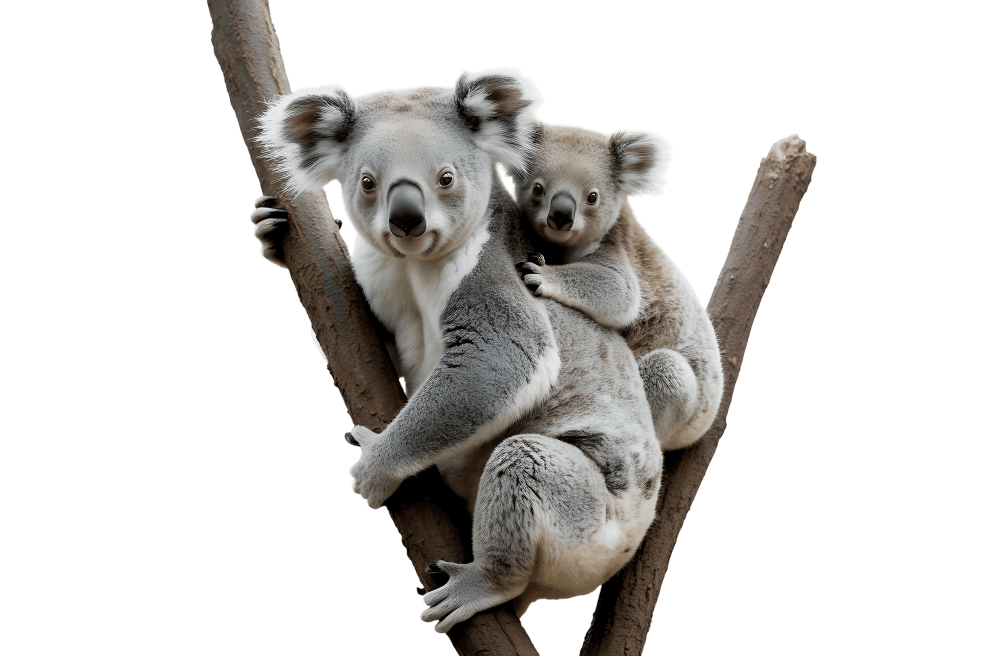 Koala mother and baby on tree branch
