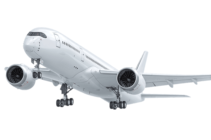 Modern passenger airplane taking off, isolated on black background.