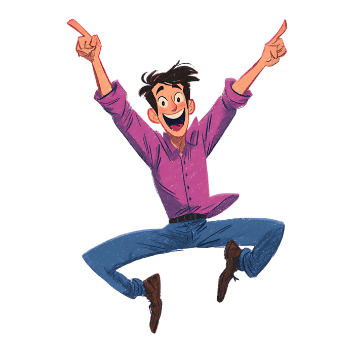 Cartoon man jumping with joy and excitement.