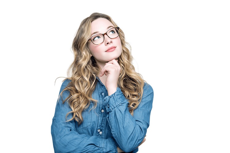 Pensive woman with glasses pondering, deep in thought.