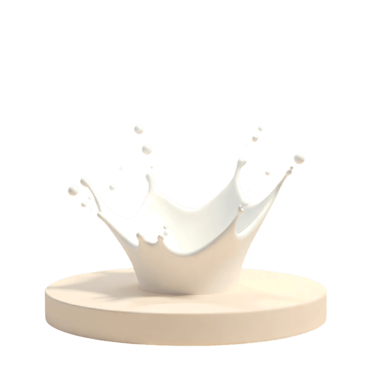 Dynamic milk splash forming a crown shape on a simple beige circular platform, isolated on white background