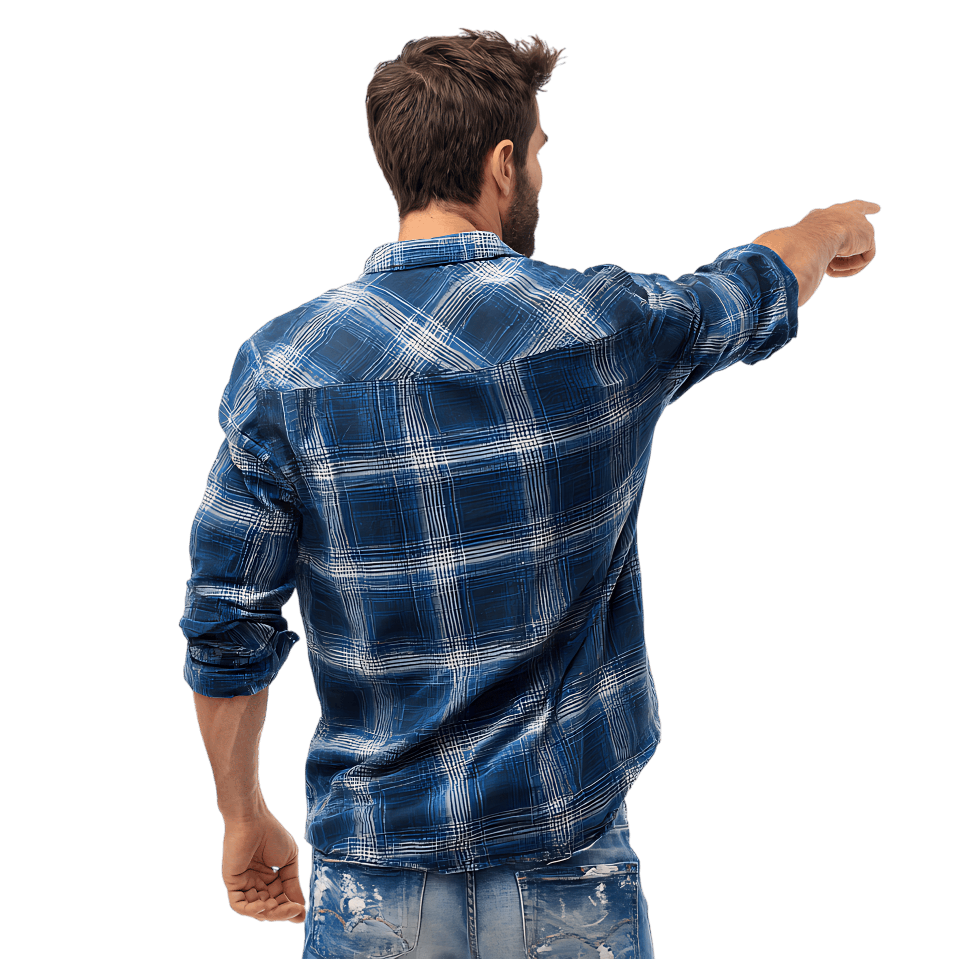 Man in casual clothes pointing away. Back view.