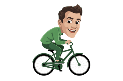 Cartoon man riding a green bicycle