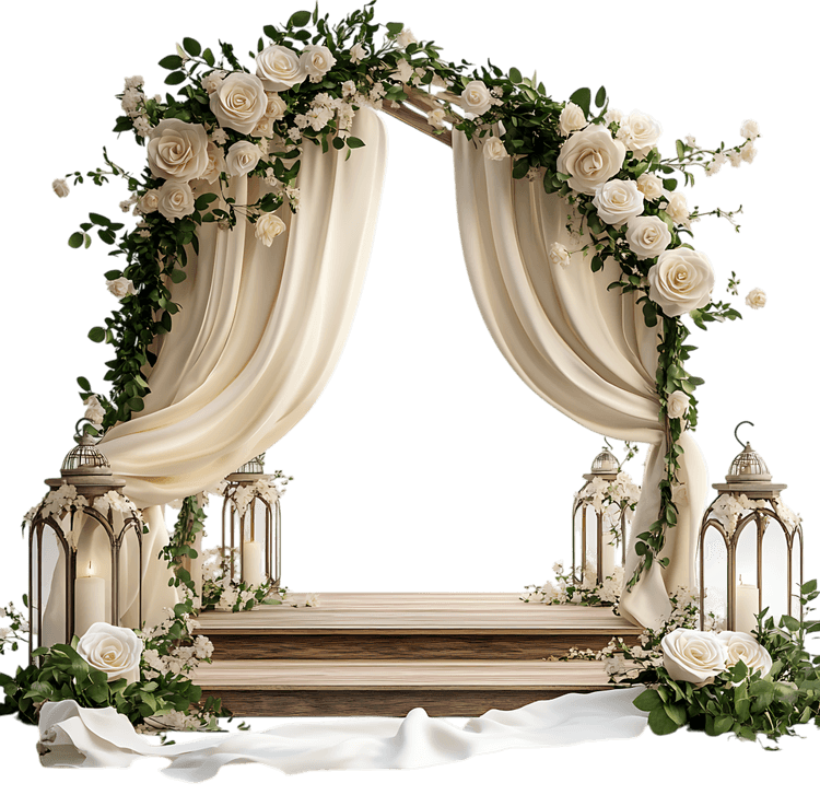 Romantic wedding setup with floral arch and draped fabric.