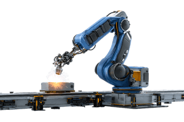 Industrial robot arm welding metal. Automation, technology, manufacturing.