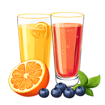 Orange and blueberry juice in glasses