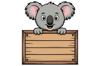 Cartoon koala holding blank wooden sign