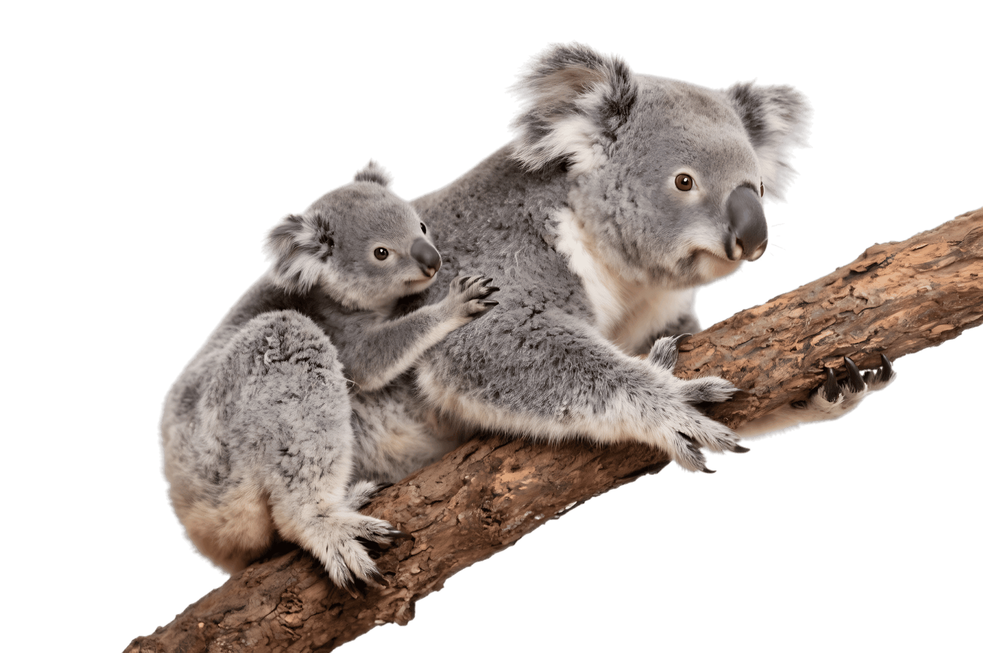 Koala mother and baby joey on branch
