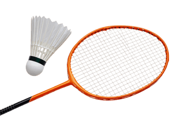 Orange badminton racket and white shuttlecock on black background.
