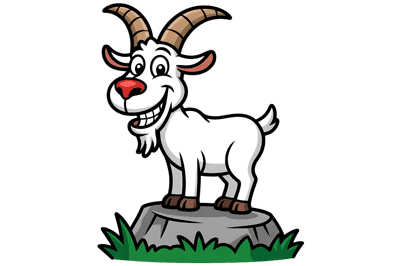 Smiling cartoon goat on rock, farm animal character