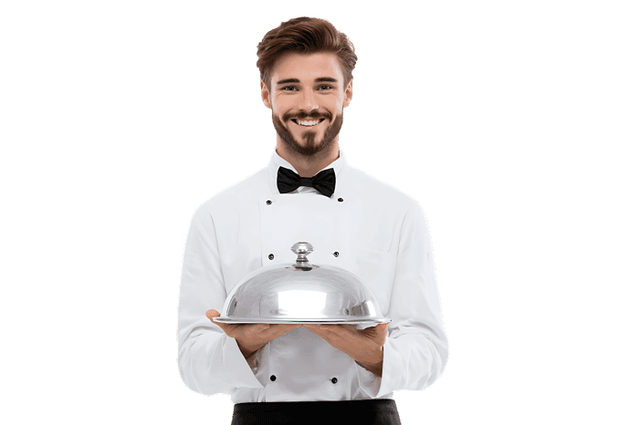 Smiling waiter holding a silver food cloche821.