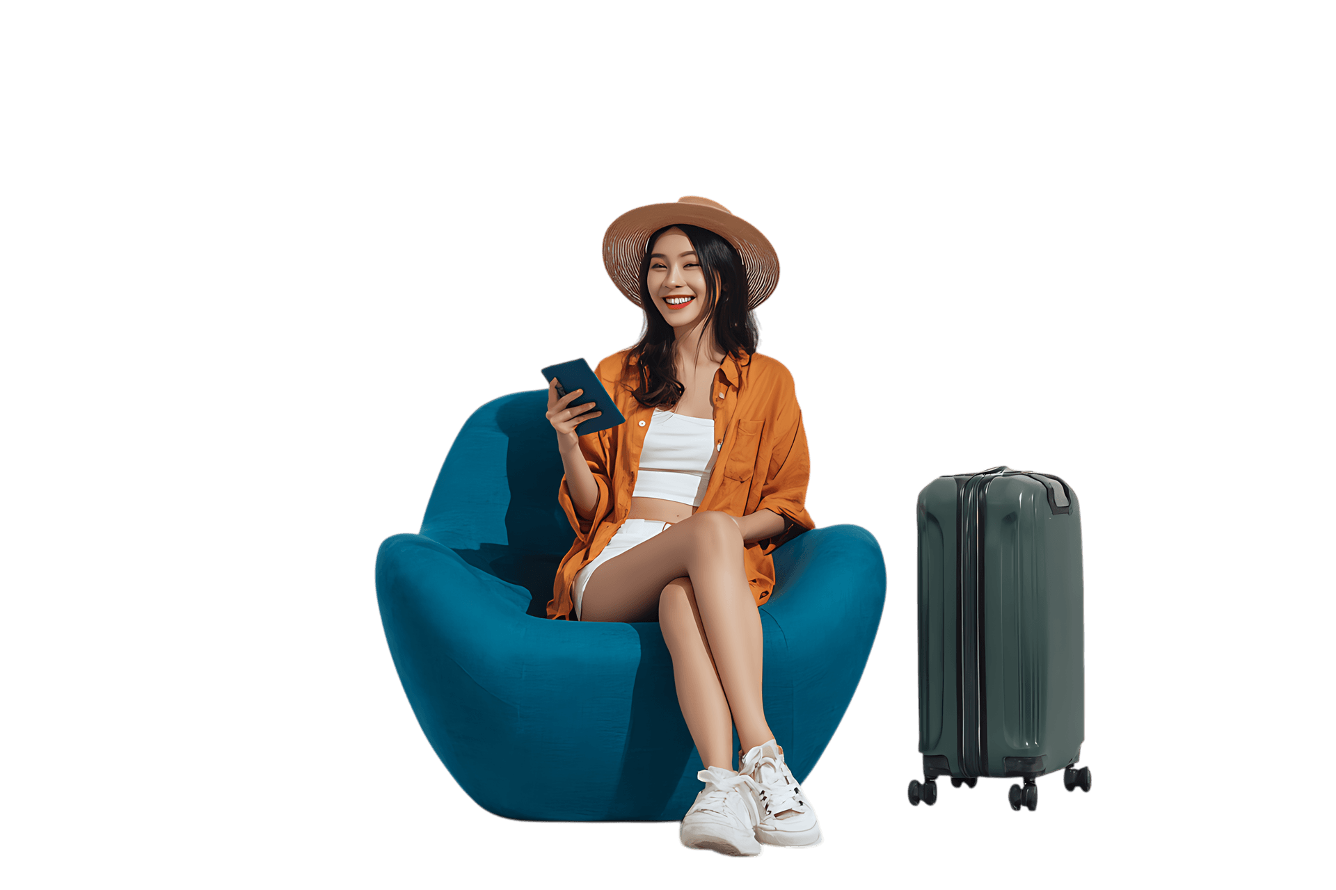Happy woman ready for travel, holding passport and phone