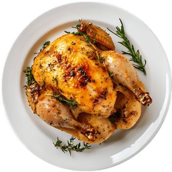 Roasted chicken with herbs on a white plate