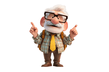 Cartoon old man pointing up with cheerful expression