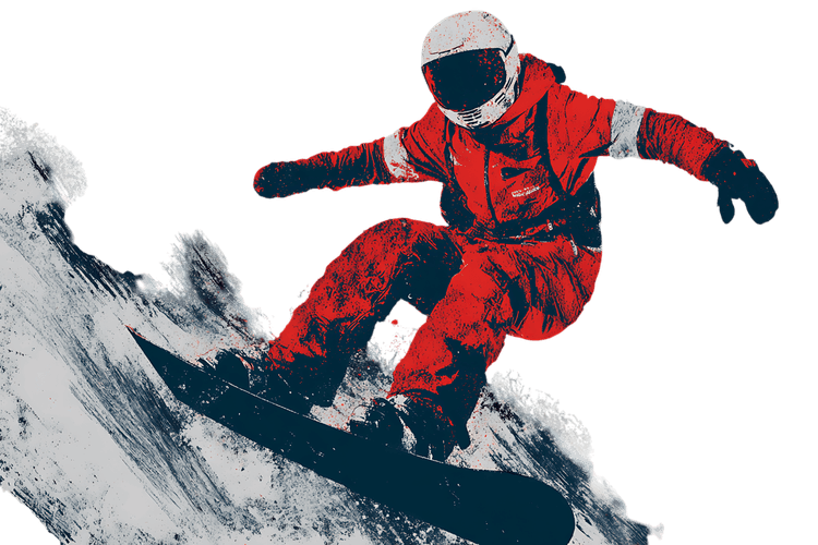 Snowboarder in red suit carving a turn.