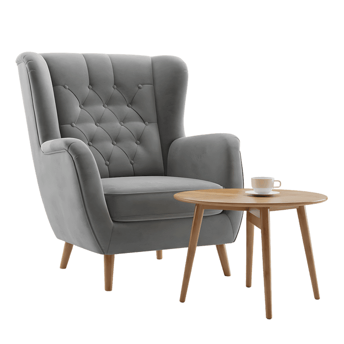 Grey armchair with wooden legs and side table