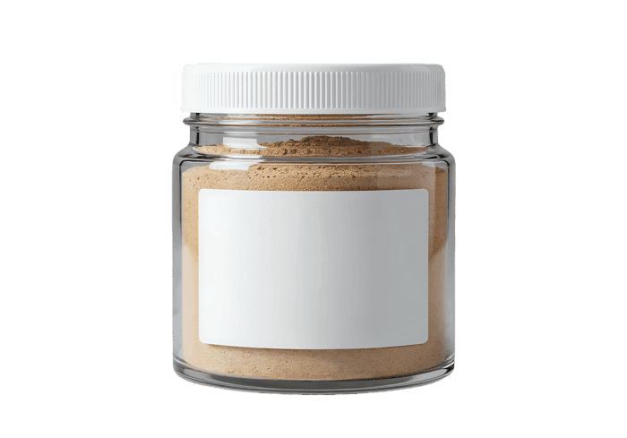Glass jar with beige powder and blank label