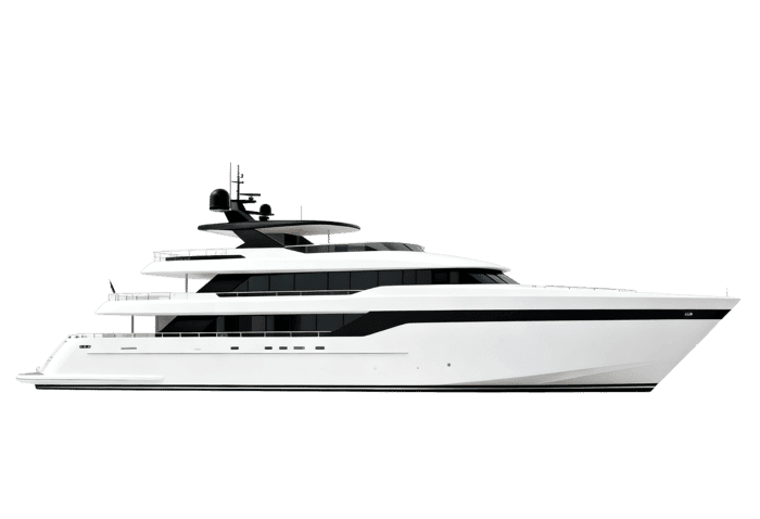 Modern white mega yacht on black background