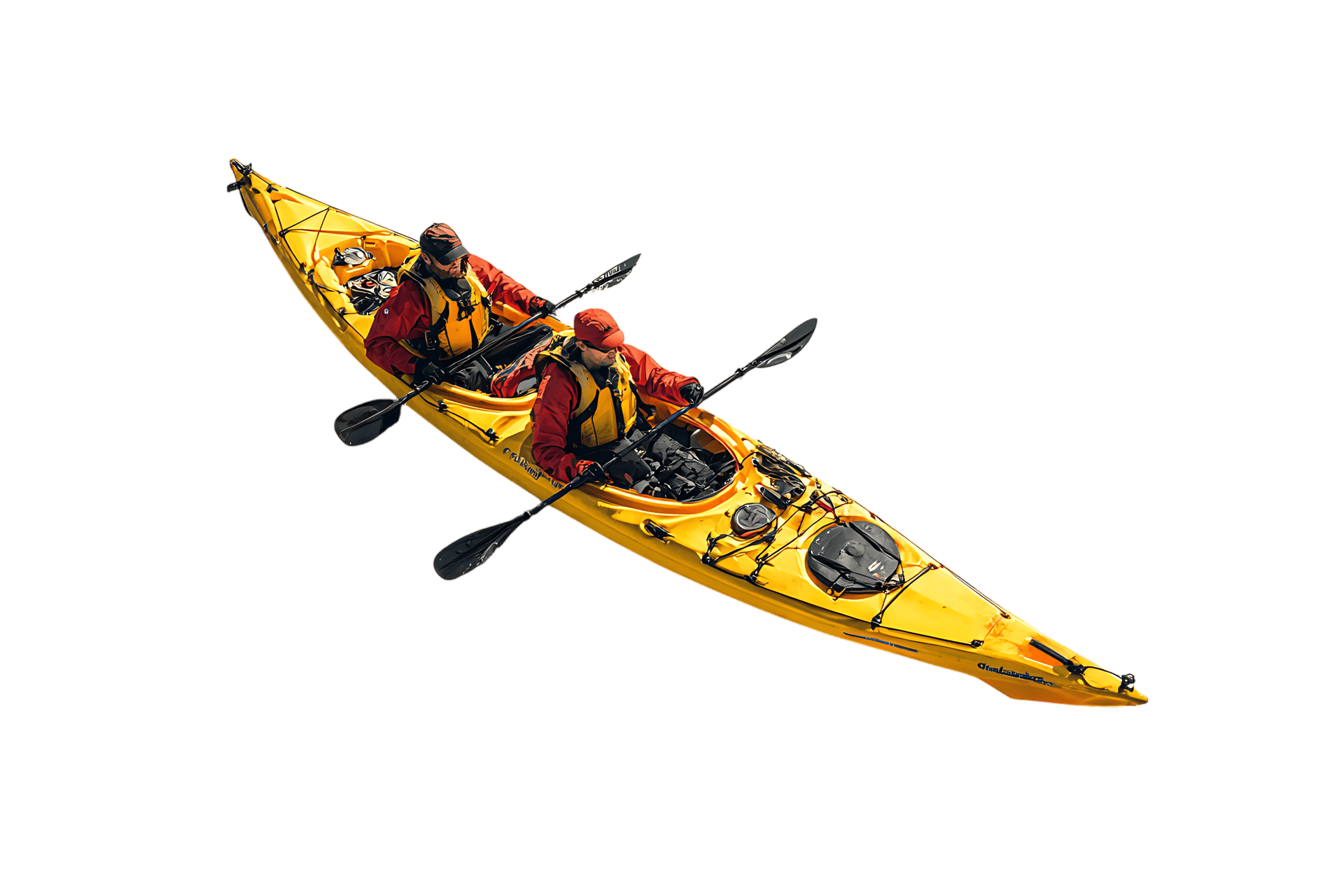 Aerial view of two kayakers in a yellow kayak.