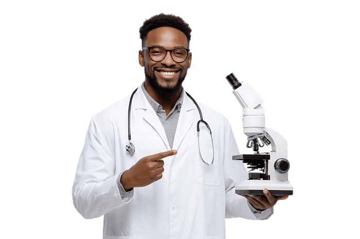 Smiling doctor holding a microscope.