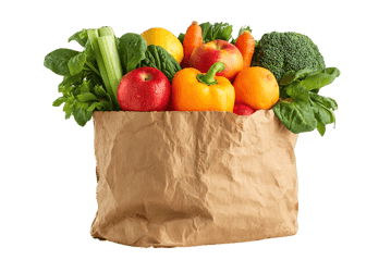 Fresh fruits and vegetables in a paper bag.