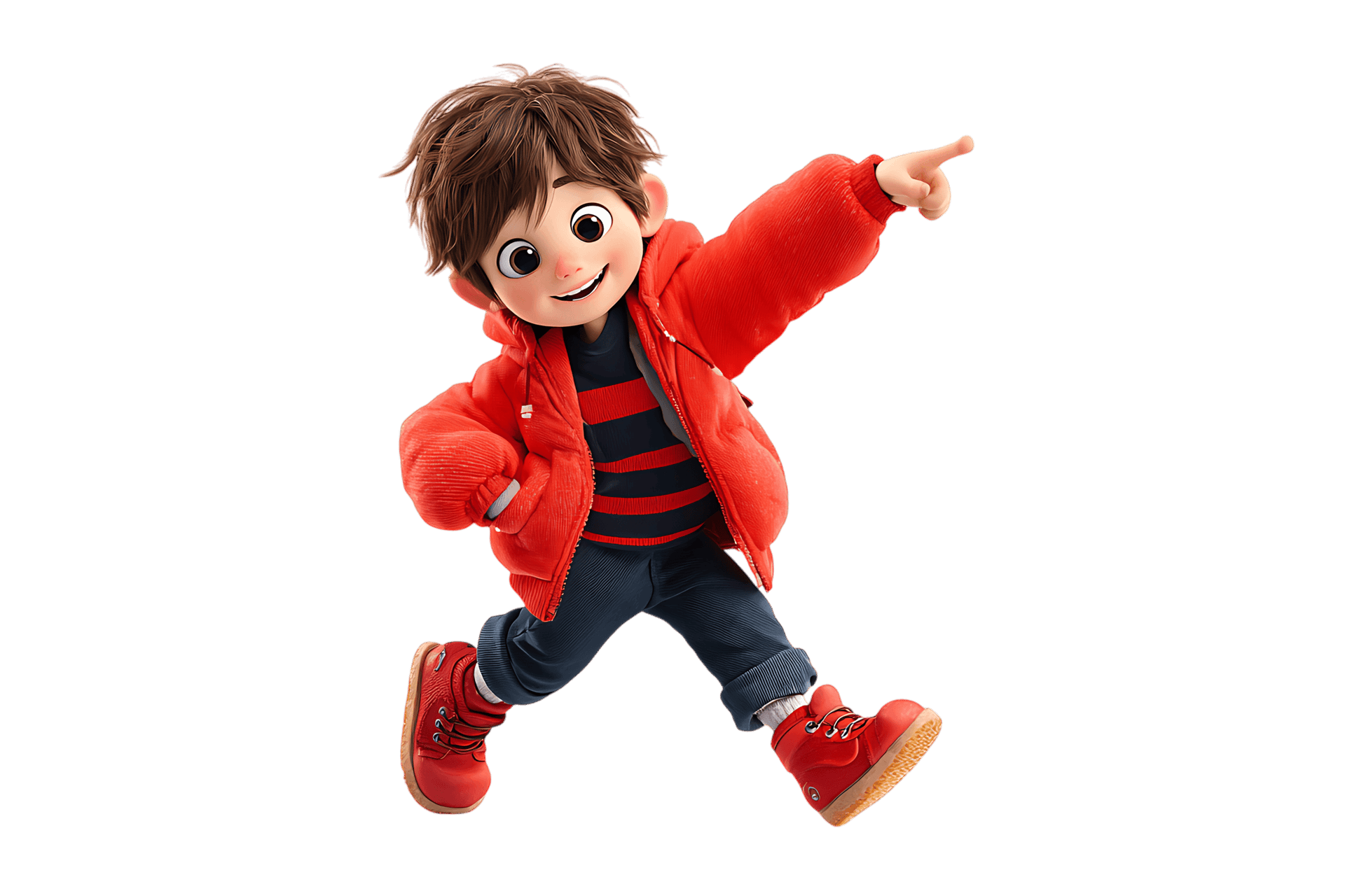 Cartoon boy in red jacket pointing his finger